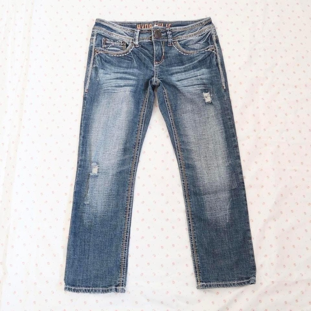 y2k hydraulic distressed denim capri jeans low rise